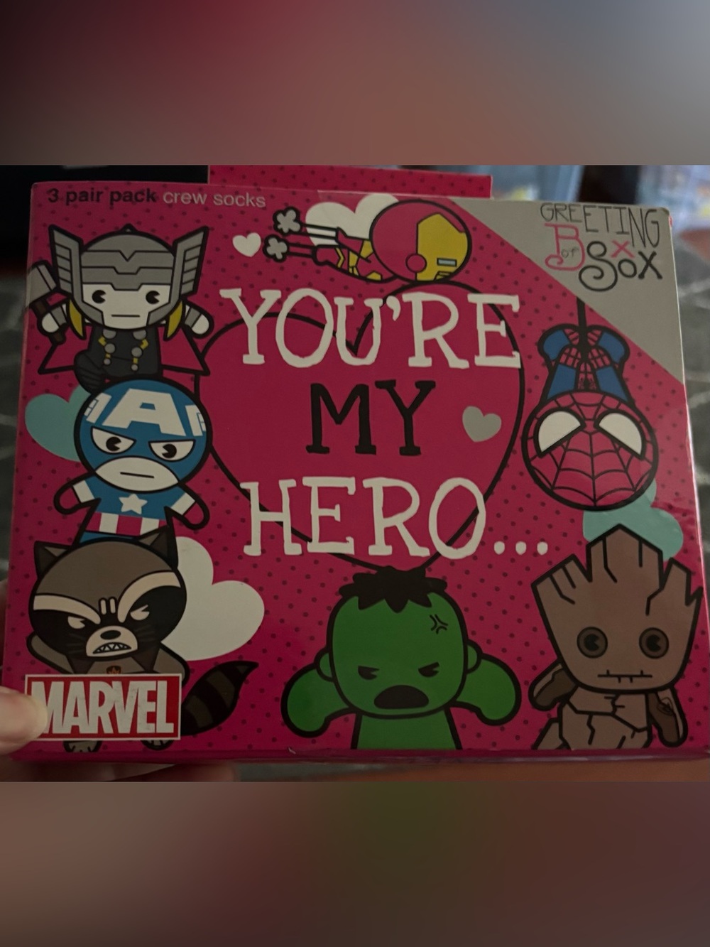 Marvel Pink "You're My Hero" Crew Socks Gift Pack - 2 boxes with 3 pairs each